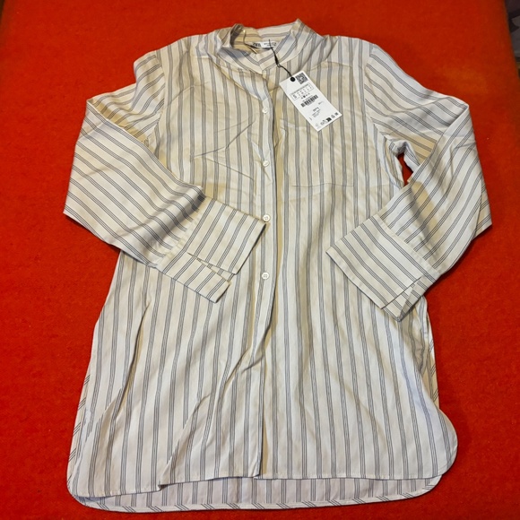 Zara cream long sleeve striped button up shirt tunic made in Europe NWT - Picture 2 of 9